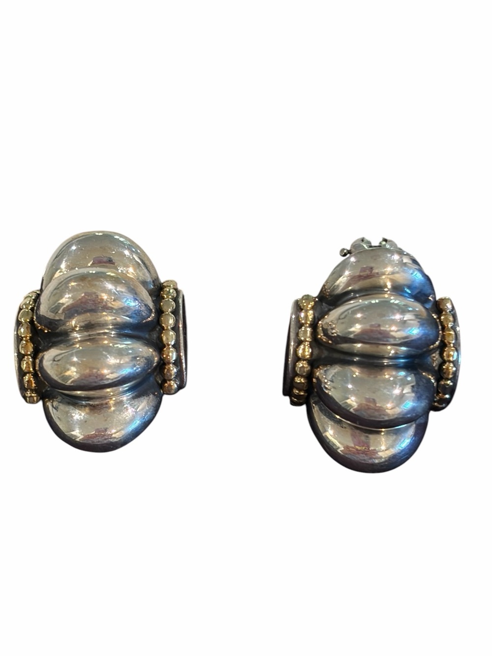 LAGOS Caviar Large 18K Yellow Gold & 925 Silver Omega Post Earrings 23.6 grams